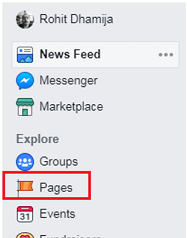 Screenshot of the left menu in Facebook, with the Pages menu item highlighted.