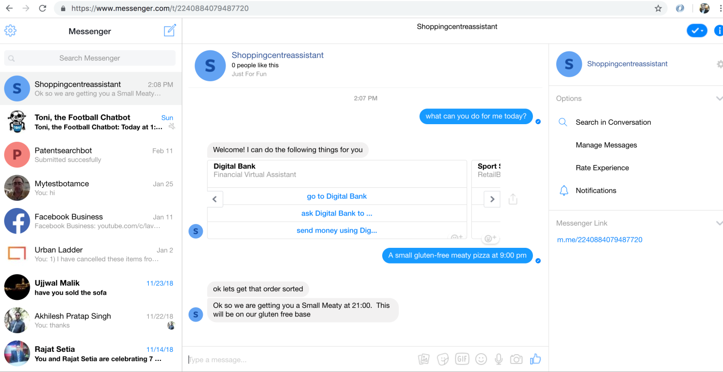 Screenshot of Facebook Messenger. The Shoppingcentreassistant DA is selected in the left of the window. In the right side, there is a chat beginning with 'what can you do for me today?'. The first response is 'Welcome, I can do the following things for you', followed by a carousel which shows options for Digital Bank and other skills that are not fully visible. And that is followed by a few more exchanges.