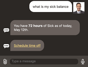 Screenshot of the chat window showing an answer to 'what is my sick balance'