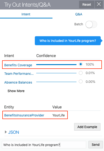 a screenshot of the Try Out Intents/Q&A dialog. It shows the chat message 'Who is included in YourLife program?'. Below that is a table with the confidence scores for three intents. Benefits Coverage has a confidence score of 100%. Below that is a table that lists the BenefitsInsuranceProvider entity and the the value 'YourLife'.