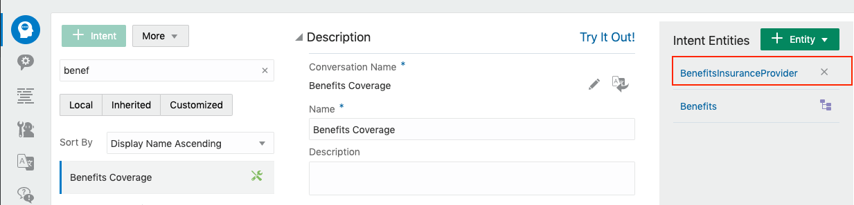 Screenshot of the skill's Intents page with the Benefits Coverage intent selected. In the Intent Entities section of the page, there are entries BenefitsInsuranceProvider and Benefits.