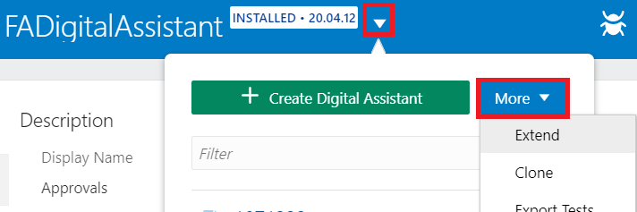 Screenshot showing the menu that appears after clicking the 'Click here to manage your digital assistant' icon. The menu contains the 'More' button.