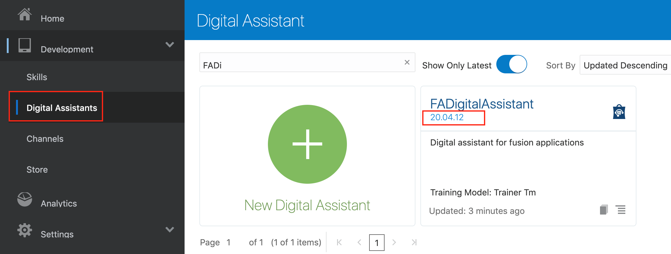 A screenshot of the Digital Assistants page, including a tile for FADigitalAssistant