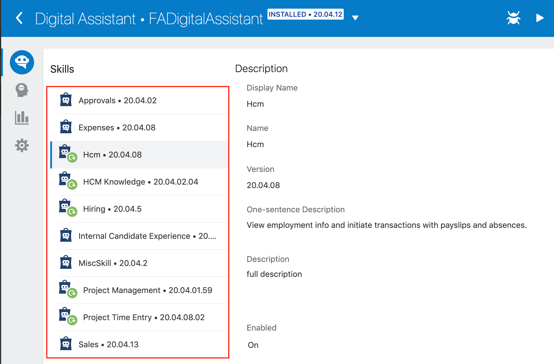 A screenshot of the Skills page for FADigitalAssistant, with a list of the skills that it contains, including Approvals, Expenses, Hcm, HCM Knowledge, and several others.