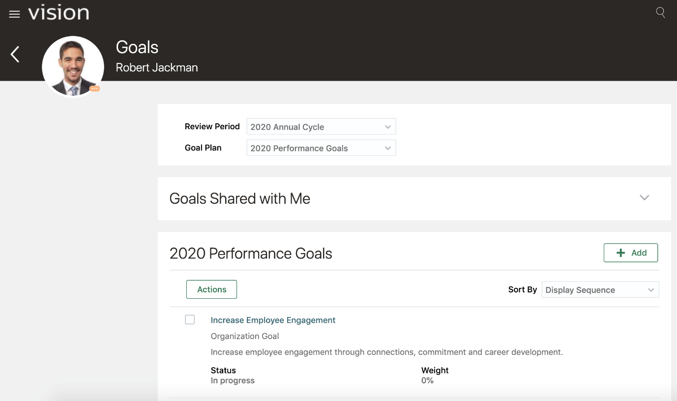 Screenshot of a web page that shows goals for Robert Jackman that are filtered by the Review Period and Goal Plan dropdowns.