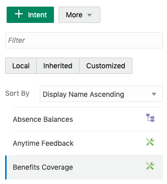 Screenshot of the skill's Intents page with the Benefit Coverage intent selected.