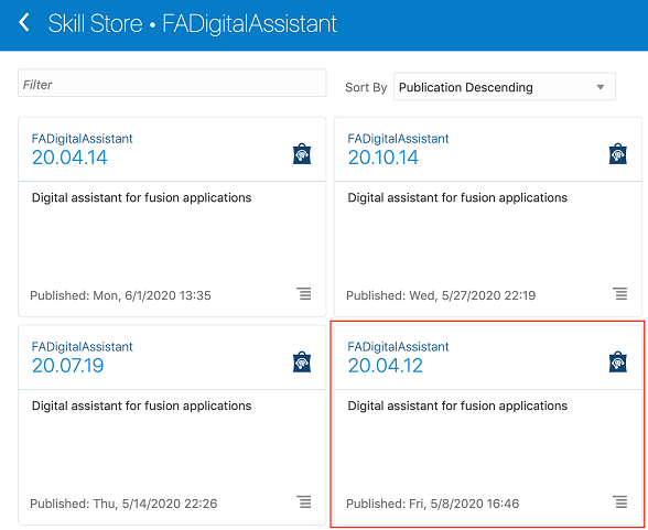 Screenshot showing tiles for 4 versions of FADigitalAssistant, including the tile for version 20.04.12