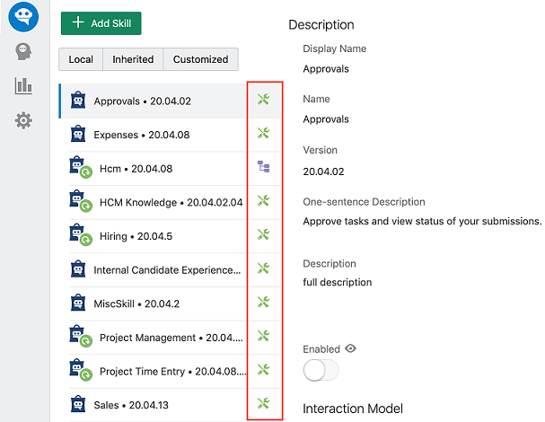 Screenshot of FADigitalAssistant's Skills page, which shows that all of the skills except for Hcm are marked with the Customized icon.