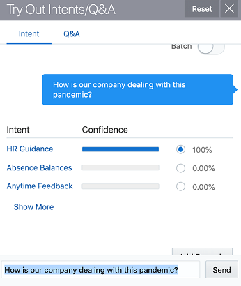 Screenshot showing the Intent Tester with the above input. Results are displayed for the HR Guidance (100% confidence), Absence Balances (0%) and Anytime Feedback (0%).
