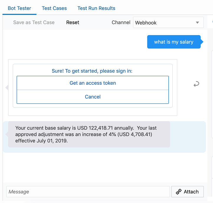 Screenshot of the tester, with the reply 'Sure! To get started please sign in:', followed by buttons for 'Get an access token' and 'Cancel', followed by the answer to the question 'what is my salary'.