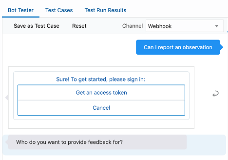 Screenshot of the tester showing the response 'Who do you want to provide feedback for?