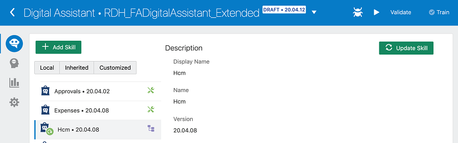 Screenshot showing the digital assistant's Skills page. The Hcm skill selected and the Update Skill button is activated.