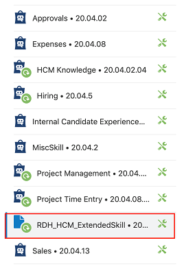 Screenshot of the digital assistant's Skills page. Among the skills listed is the extended version that you created of the Hcm skill.