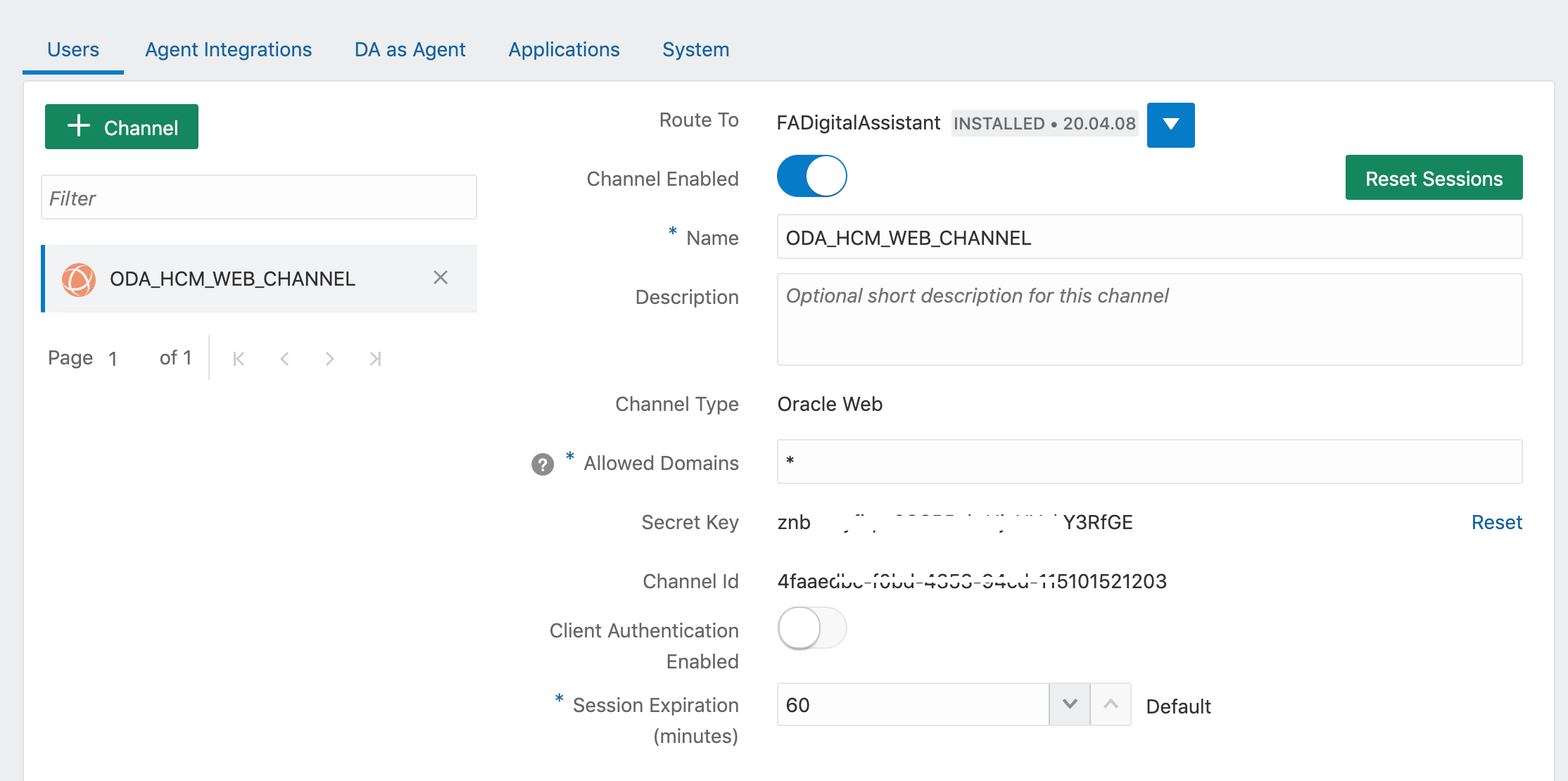 Screenshot of the Users tab of the Channels page in Oracle Digital Assistant. The ODA_HCM_WEB_CHANNEL channel is selected.