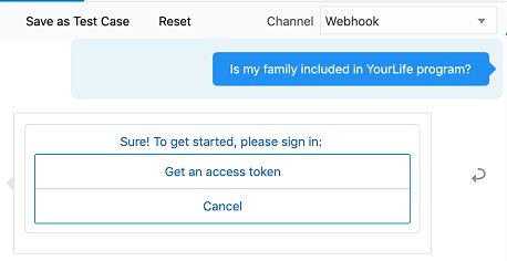 Screenshot showing the response to the above message, which is a card containing the options 'Get an access token' and 'Cancel'