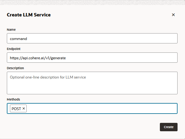 The Create LLM Service dialog