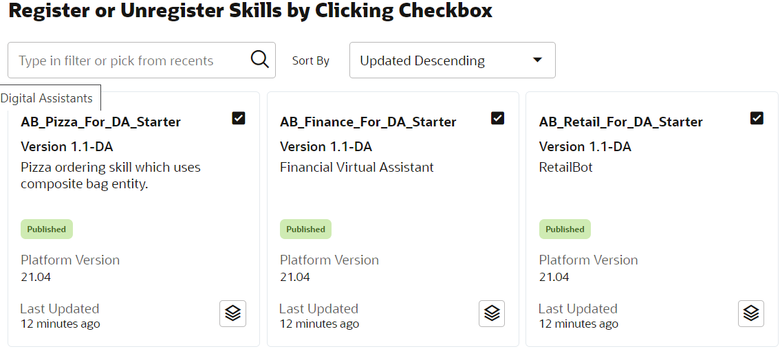 Screenshot the digital assistant's skill catalog. The heading of the page says 'Register or Unregister Skills by Clicking Checkbox'. The page includes tiles of three skills, each of which has its checkbox selected.