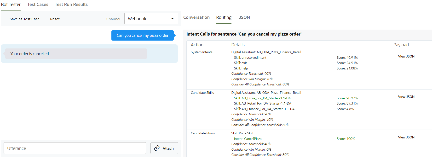 Screenshot of the tester showing input of 'can you cancel my pizza order', followed by a response of 'Your order is canceled'. In the Routing Tab, Pizza Skill is the only Candidate Skill that matches with a score over 90%.