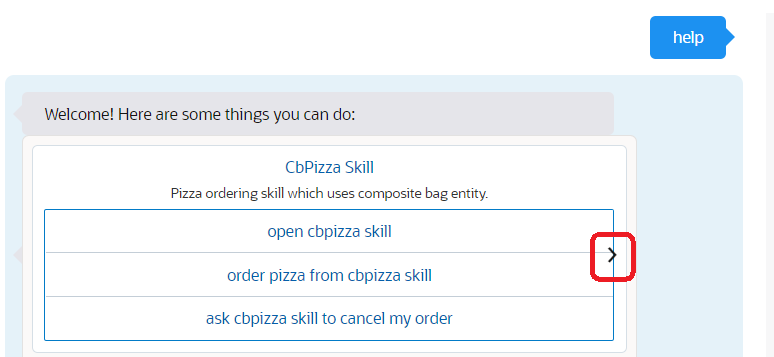 Screenshot of the tester showing a response with a menu for Pizza Skill (with three menu items). On the right side of the menu is a Next icon.