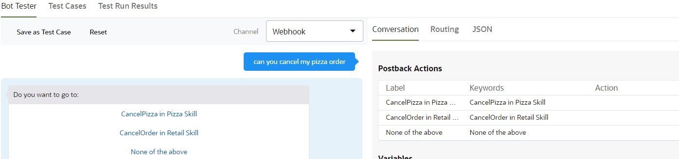 Screenshot of the tester showing input of 'can you cancel my pizza order', followed by a response of 'Do you want to go to' and menu items for CancelPizza in Pizza Skill, CancelOrder in Retail Skill, and None of the above.