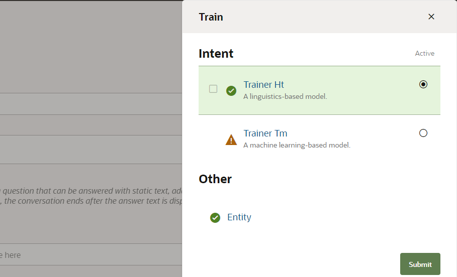 Screenshot of the Train dialog, which includes radio buttons for Trainer Ht and Trainer Tm. Trainer Ht is selected.