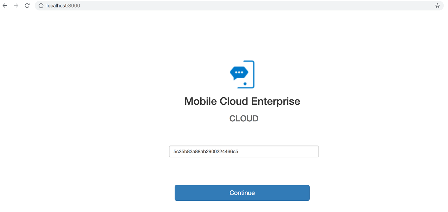 Screenshot of a web browser. In the address bar, it shows 'localhost:3000'. The page has some label text ('Mobile Cloud Enterprise' and 'Cloud'), a text field, and a Continue button.