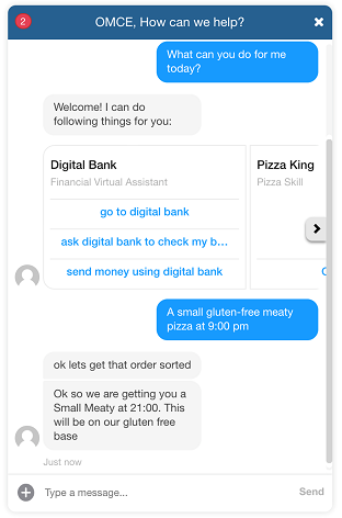 A screenshot of a chat window showing a conversation starting with 'What can you do for me today?' and continuing with a welcome message and a menu of options provided by the Digital Bank and Pizza King skills (though the latter is cut off on the right margin of the window).