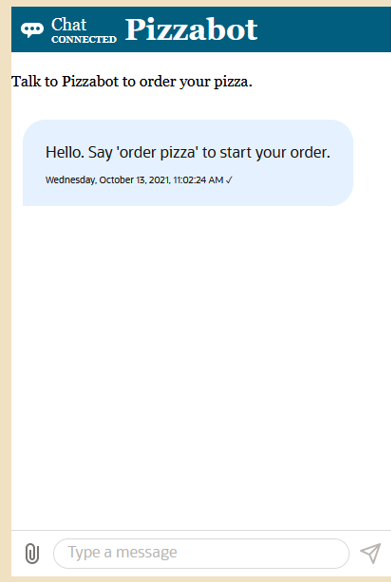 Widget with Pittabot title and Talk to Pizzabot to order your pizza text at the top of the chat.