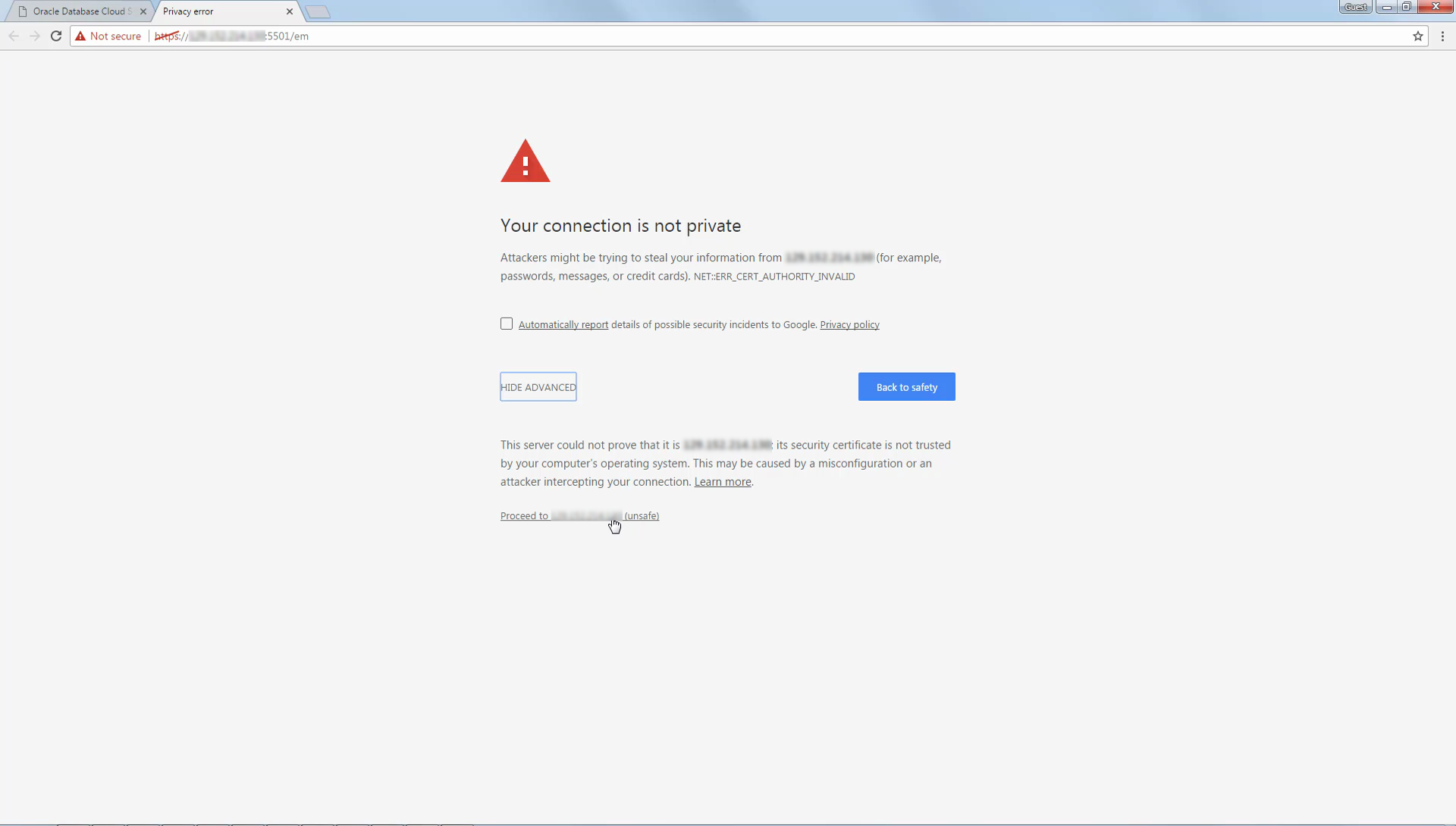 Browser showing certificate error