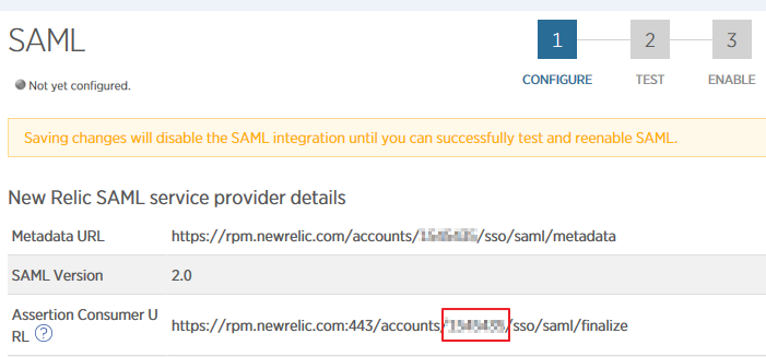 Image img1.png displays the New Relic SAML CONFIGURE page with the account ID in the Assertion Consumer URL highlighted.