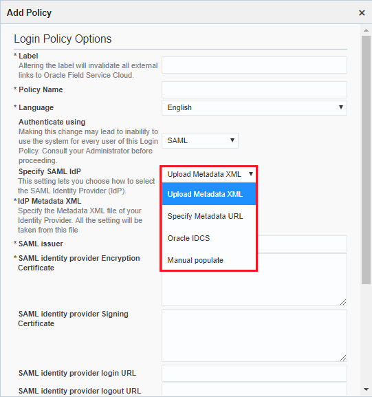 Image img2.png displays : Add Policy page (SAML IdP - Oracle IDCS)
