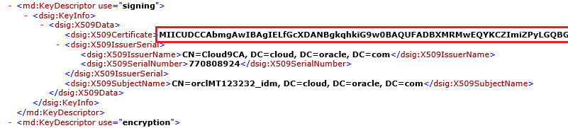 Image img3.png displays the Locating X.509 Certificate value in Oracle Identity Cloud Service Metadata file.