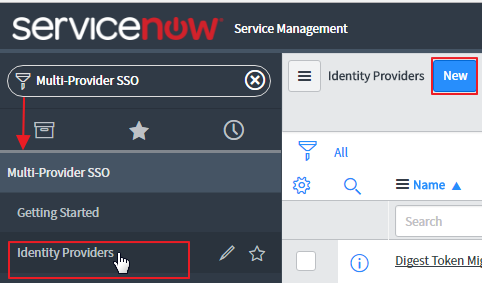 Image img4.png displays the ServiceNow Identity Providers window with Identity Providers and the New button highlighted.
