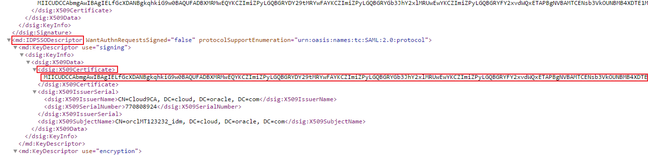Image img1.png displays the metadata content with md:IDPSSODescriptor and dsig:X509Certificate tags highlighted.