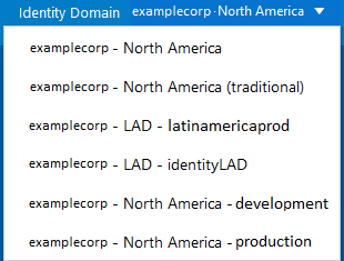 The Identity Domain menu lists the instances for each region.