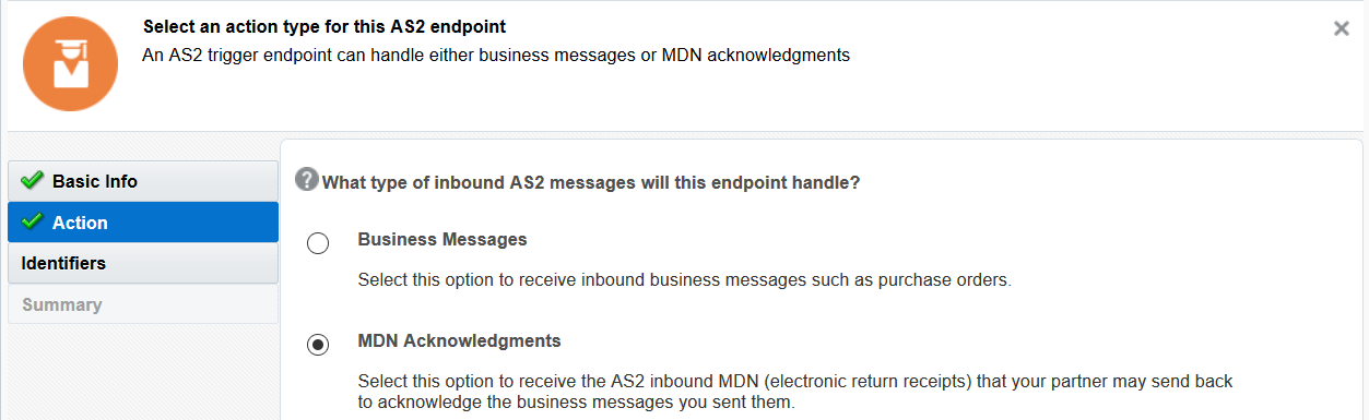 Business Messages and MDN Acknowledgments (selected) options on the Action page.