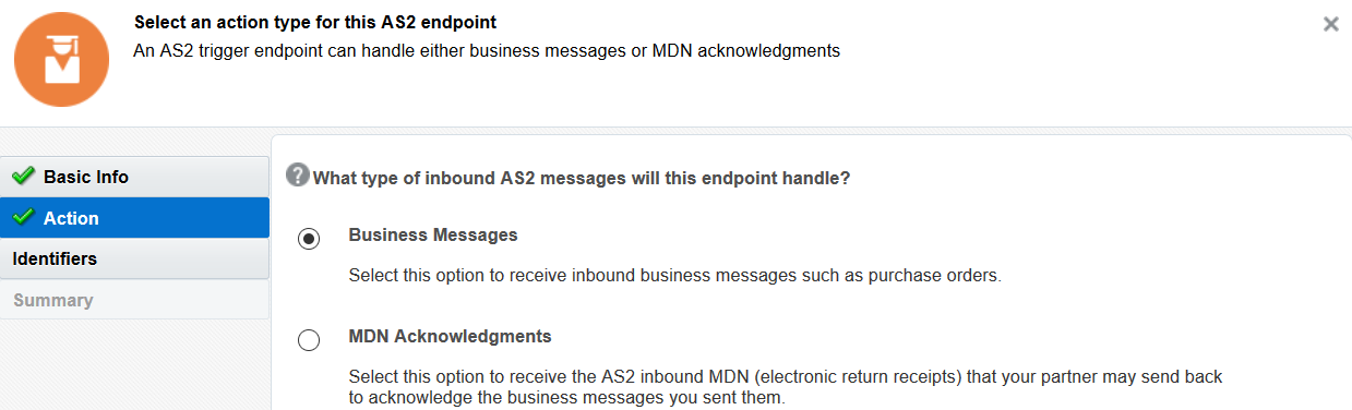 Business Messages (selected) and MDN Acknowledgments options on the Action page.