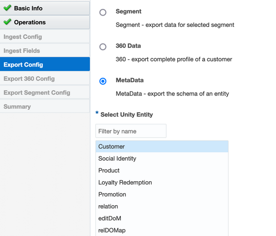 The Export Config tab is selected in the navigation pane. The MetaData option is selected. The Customer metadata option is selected.