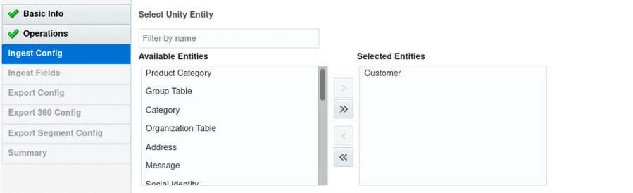 This image shows the Ingest Config tab selected in the left navigation pane. To the right are the Select Unity Entity, Available Entities, and Selected Entities sections. SourceID, Customer is displayed in the Selected Entities section.
