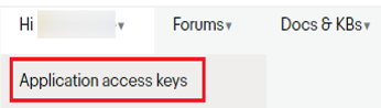 Application access keys link below the user account, Forums, and Docs & KBs options.