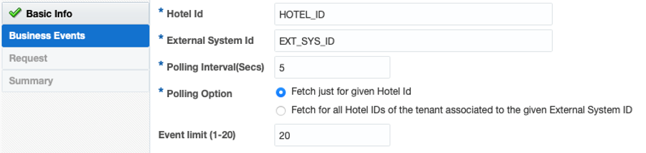 The Business Events page shows the values for the hotel ID, external system ID, polling interval (in seconds), polling option, and event limits.
