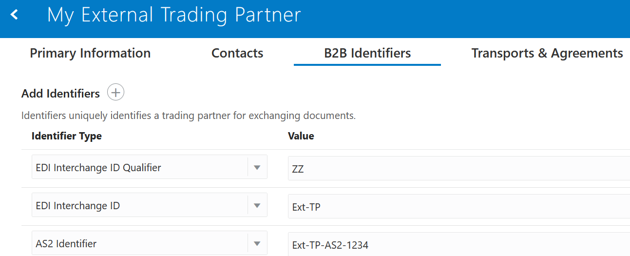 The Primary Information, Contacts, B2B Identifiers, and Transports & Agreements tabs appear at the top. Below is the Add Identifiers title and plus (add) icon, Below is a table with columns for Identifier Name and Value. In the lower right are Cancel and Save buttons.