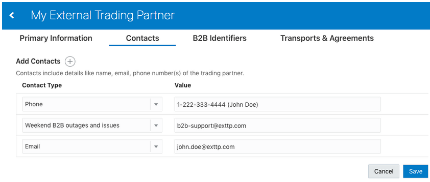 The Primary Information, Contacts, B2B Identifiers, and Transports & Agreements tabs appear at the top. Below are the Add Contacts icon, Contact Type list, and Value field. In the lower right are the Cancel and Save buttons.