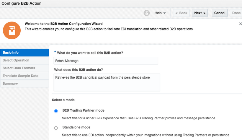 The Basic Info page of the Configure B2B Action wizard is shown. The fields shown are What do you want to call this B2B action, What does this B2B action do, and Select a mode, for which B2B Trading Partner Mode is selected.