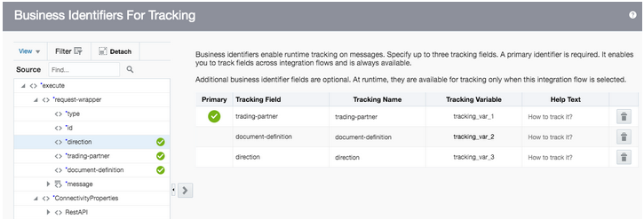 The Business Identifiers For Tracking dialog is shown. In the upper left are the View, Filter, and Detach elements. Below this is the Source section, the Find field, and the Search icon. The orderNumber identifier is selected. On the right side is a table with columns for Primary, Tracking Field, Tracking Name, Tracking Variable, and Help Text. The trading partner identifier is the primary identifier listed. Below this are the document-definition and direction business identifiers.