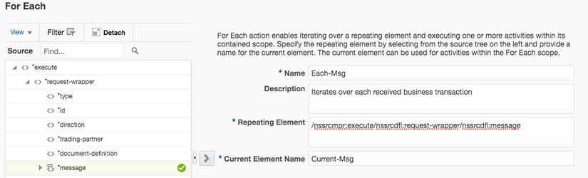 The For Each action shows View, Filter, and Detach elements on the left. Below this is the Source tree, Find field, and Search icon. The message element is selected. On the right are the Name, Description, Repeating Element, and Current Element Name fields.