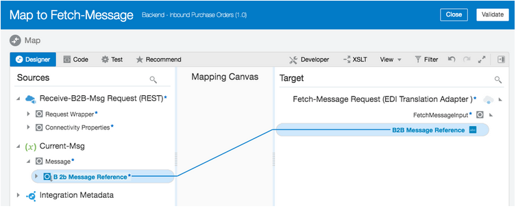 The mapper shows Designer, Code, Test and Recommend icons on the left side. Below this is the Source tree of elements. B 2b Message Reference is selected and connects in the Target tree to B2B Message Reference. In the middle is the Mapping Canvas section. Above the Target tree are the Developer, XSLT, View, and Filter icons. To the right of the Filter icon are four additional icons. Above this are the Close and Validate buttons.