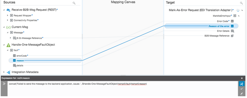 The mapper shows the Source tree of elements. The reason element is selected and connects in the Target tree to Reason of the error. In the middle is the Mapping Canvas section.