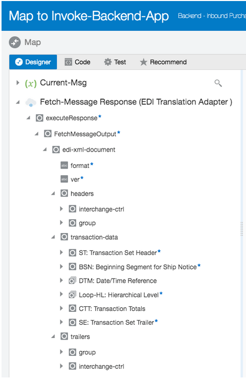 The mapper shows Designer, Code, Test and Recommend icons. Below this is the Source tree of elements for Fetch-Message Response (EDI Translation Adapter).