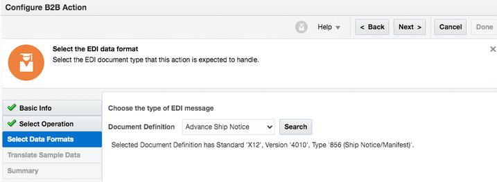 The Select Data Formats page of the Configure B2B Action is shown. In the upper right corner, the Help, Back, Next, Cancel, and Done buttons are displayed. On the page, the Advance Ship Notice option is selected in the Document Definition list. To the right is the Search button. Below are details about the selected document definition.